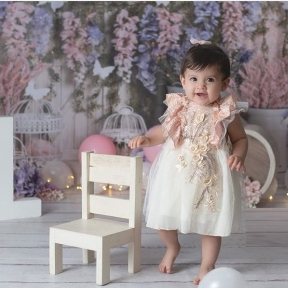 Elegant Pink and Cream Floral Tulle Baby Dress